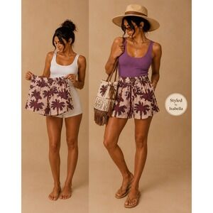 TNS Palm Tree Print High Waisted Paperbag Shorts Purple Orange Linen Blend M